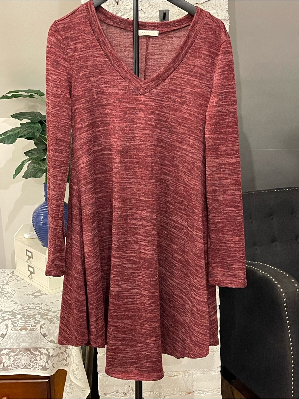 entro Marled Burgundy V‑Neck Swing Dress